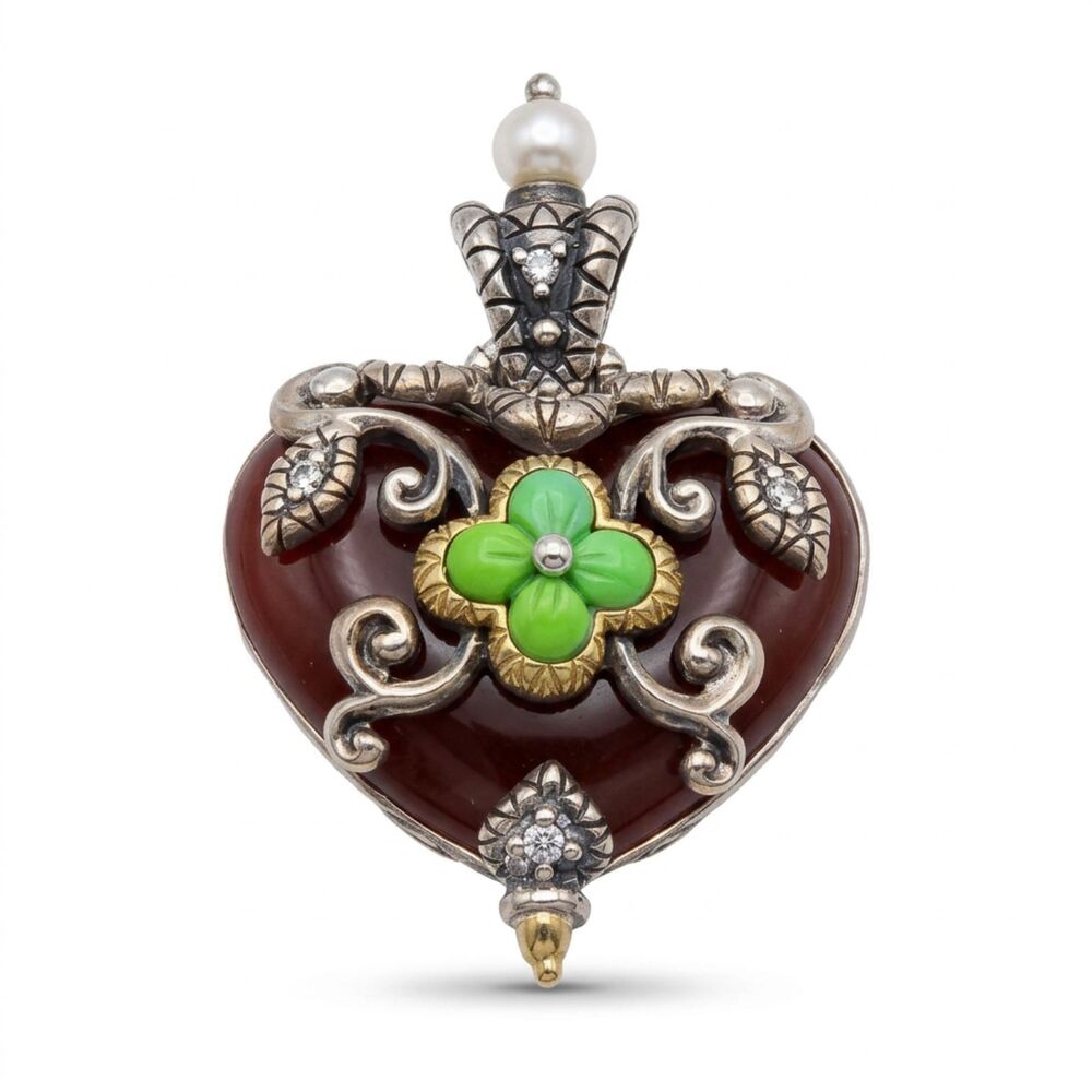 Barbara Bixby 925 Sterling 18K Gold Carnelian Green Stone Heart Enhancer Pendant